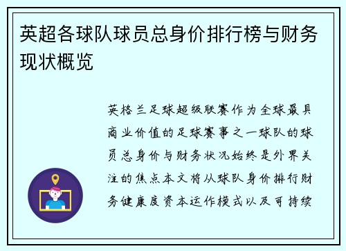 英超各球队球员总身价排行榜与财务现状概览
